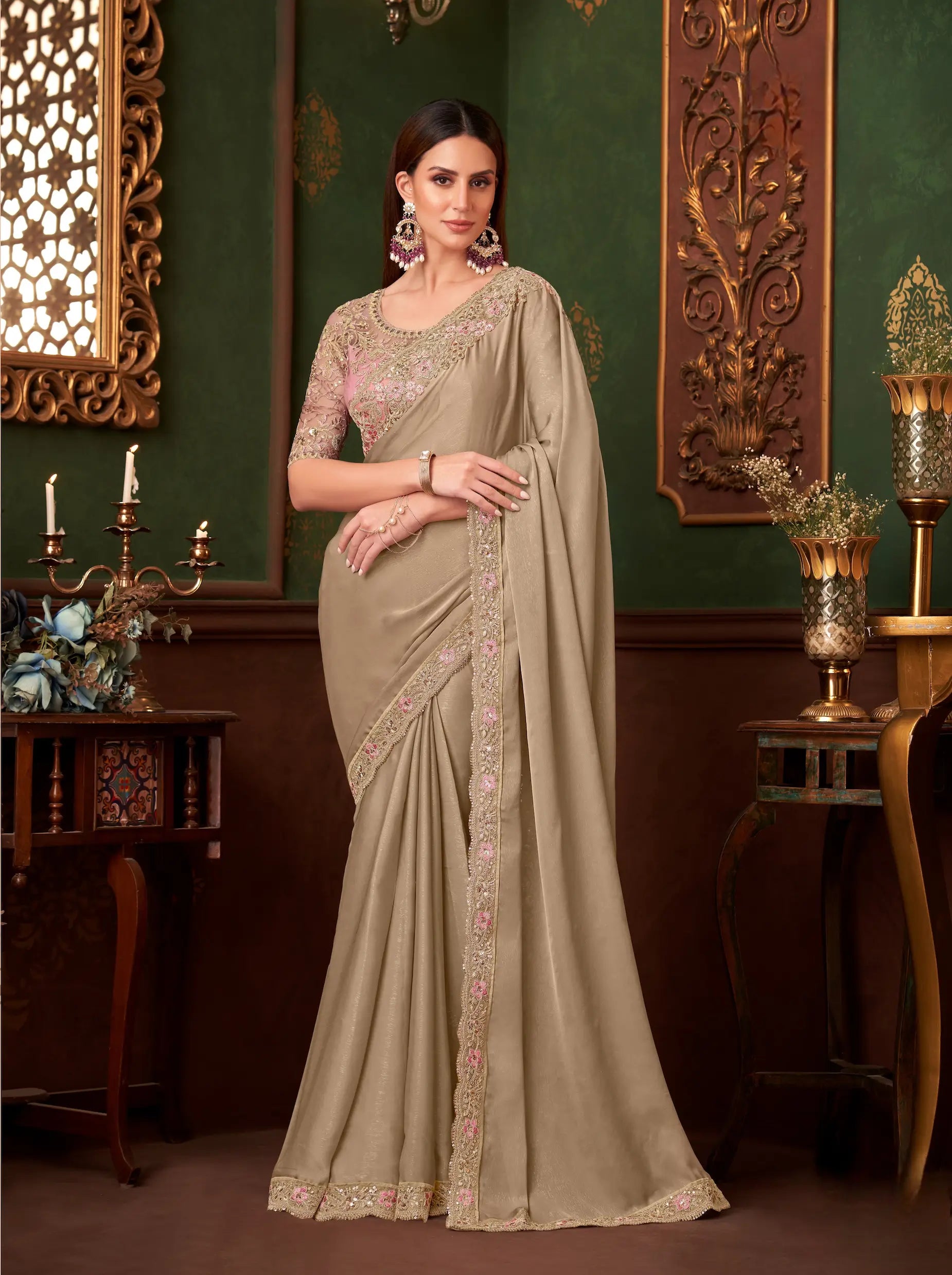 Dusty Beige Silk Georgette Party Wear Saree With Thread & Sequence Embroidery Work - qivii