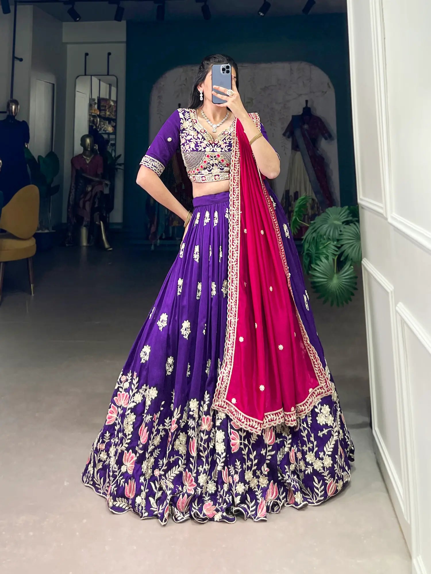 Purple Vichitra Silk Lehenga Choli With Sequins & Thread Embroidery Work | Ready To Wear - qivii