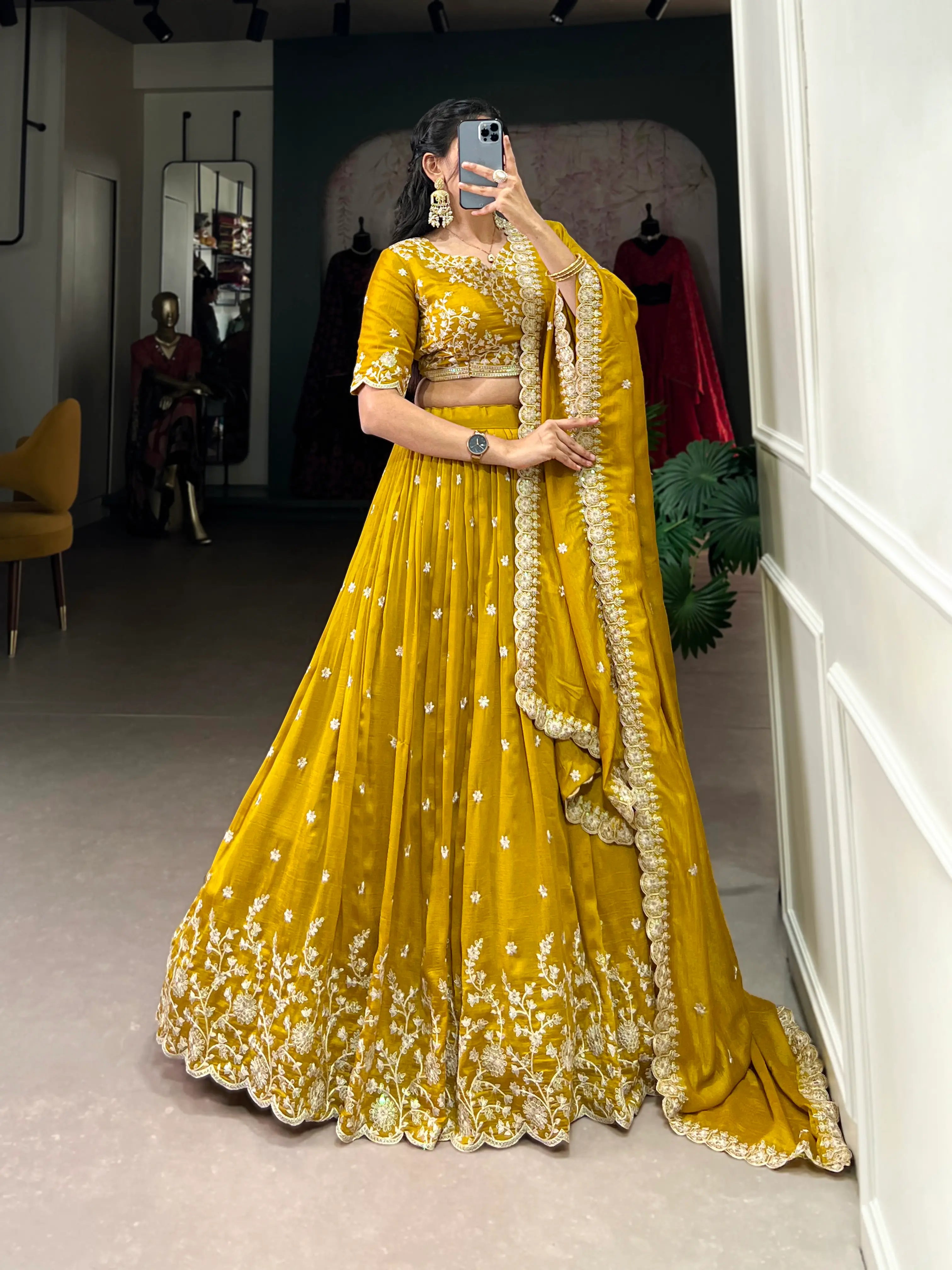 Yellow Vichitra Silk Lehenga Choli With Sequins & Thread Embroidery Work | Ready To Wear - qivii