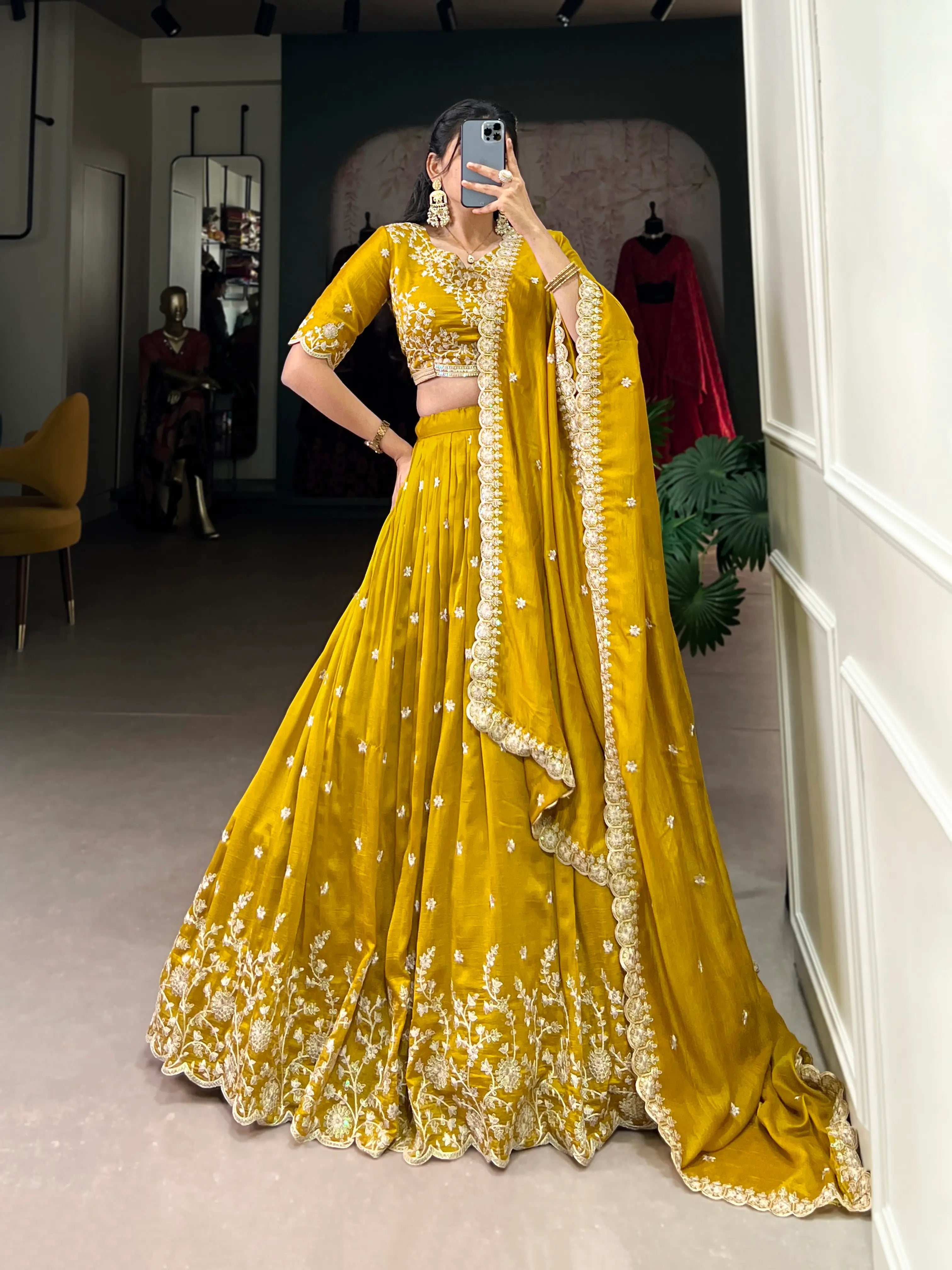 Yellow Vichitra Silk Lehenga Choli With Sequins & Thread Embroidery Work | Ready To Wear - qivii