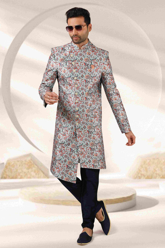 Men's Light Blue Art Banarasi Digital Printed Sherwani Set