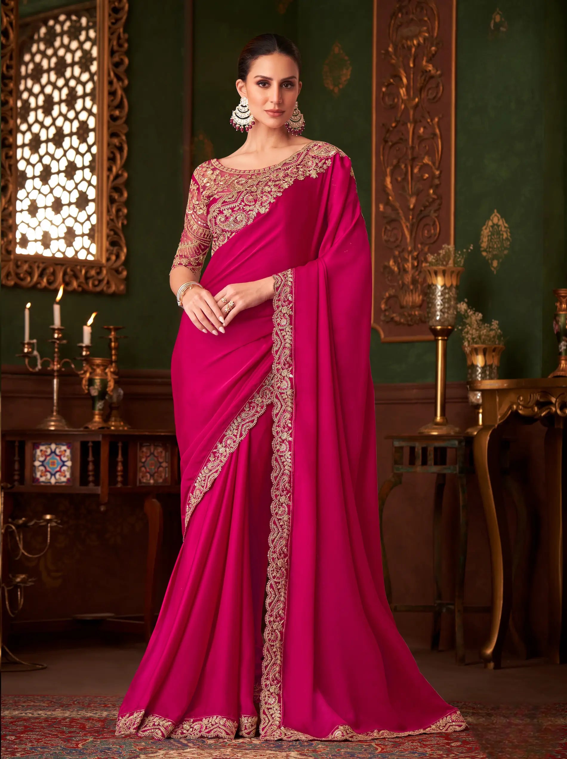 Red Satin Silk Party Wear Saree With Thread & Sequence Embroidery Work - qivii