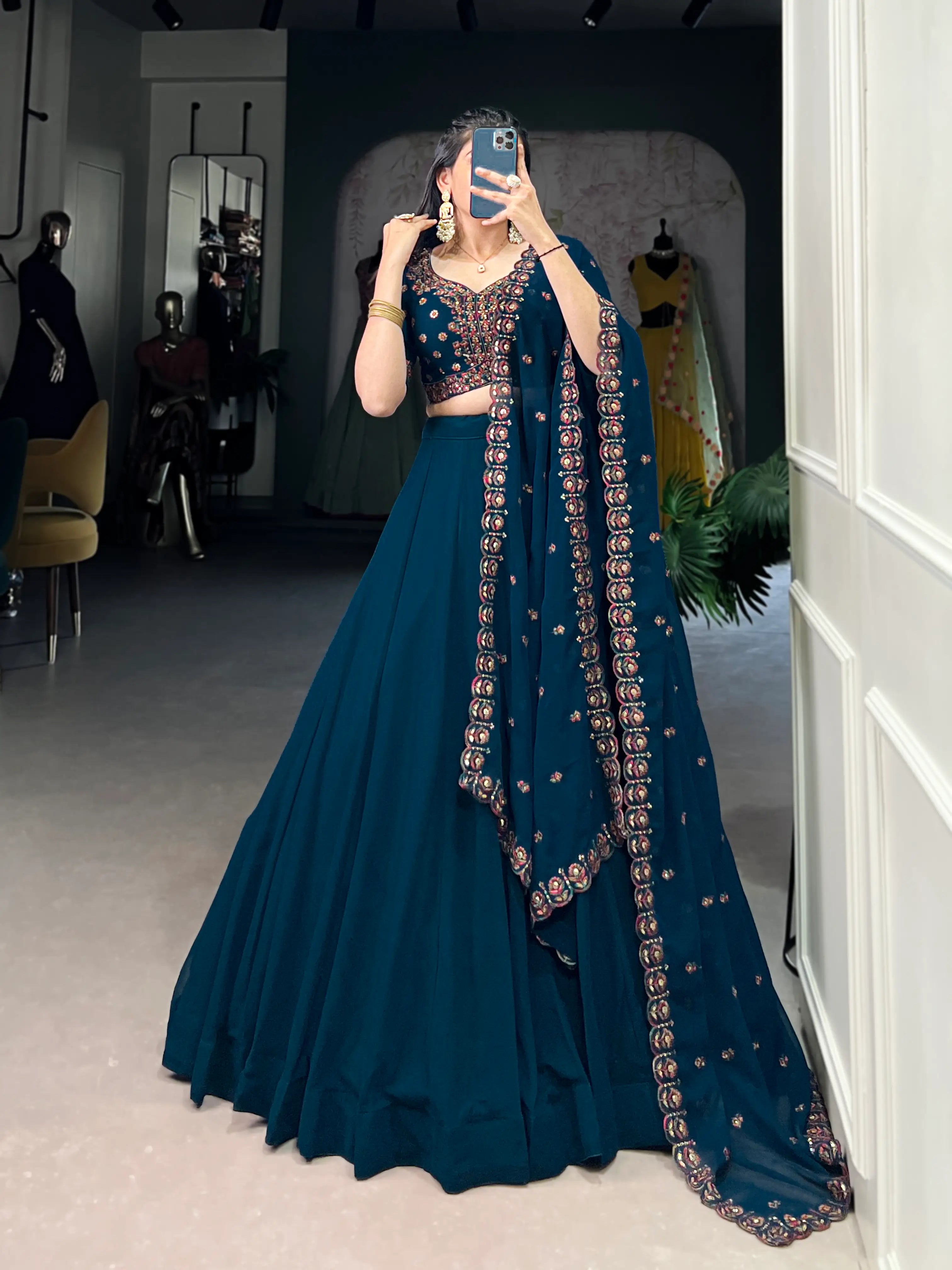 Dark Blue Georgette Lehenga Choli With Sequins & Thread Embroidery Work - qivii