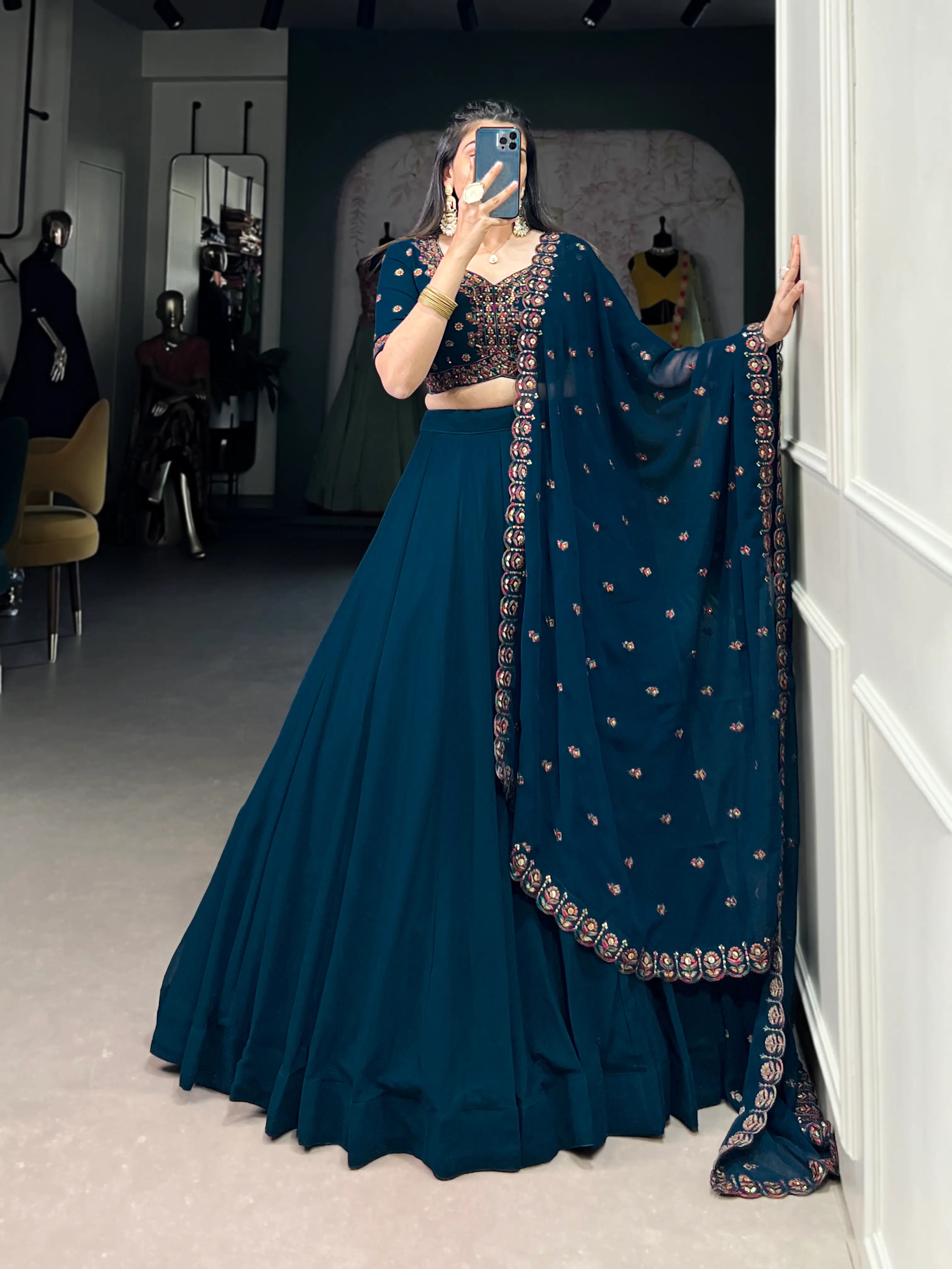 Dark Blue Georgette Lehenga Choli With Sequins & Thread Embroidery Work - qivii