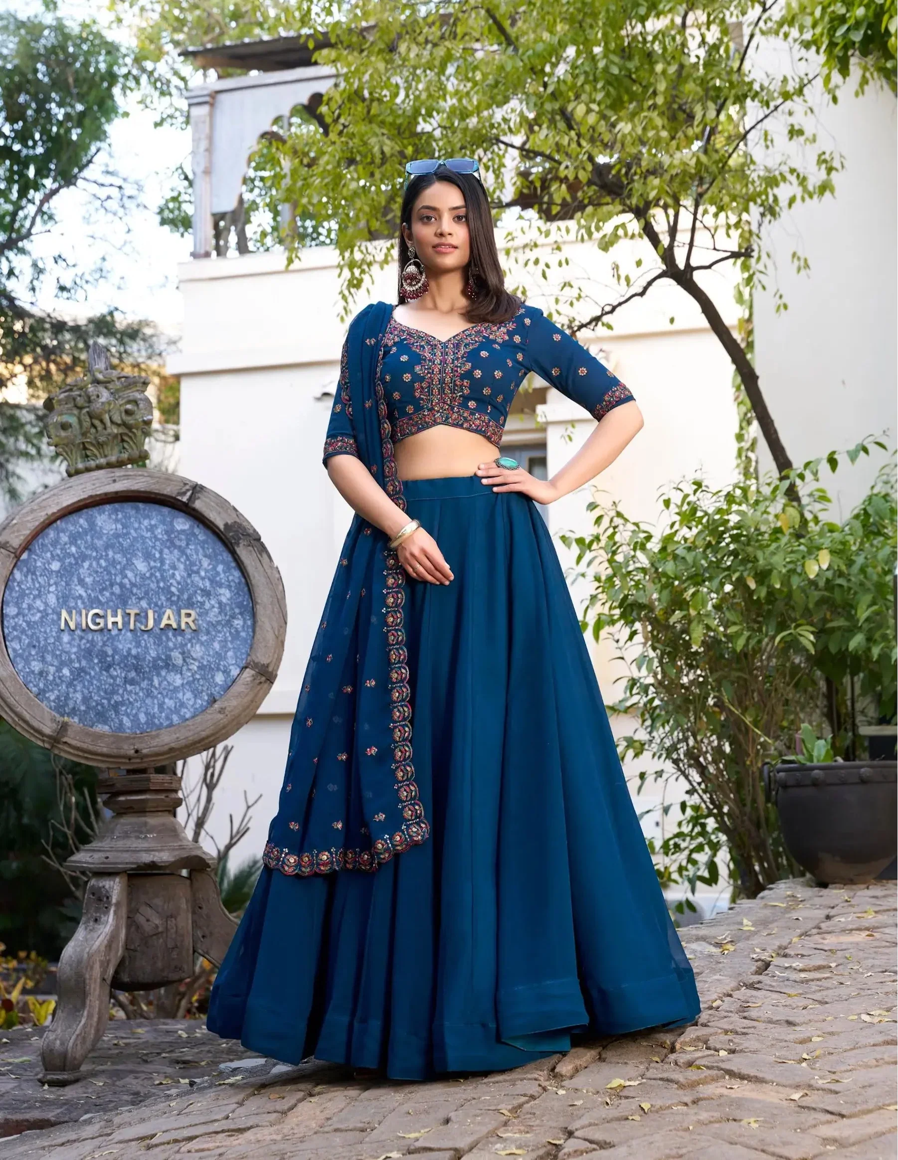 Dark Blue Georgette Lehenga Choli With Sequins & Thread Embroidery Work - qivii