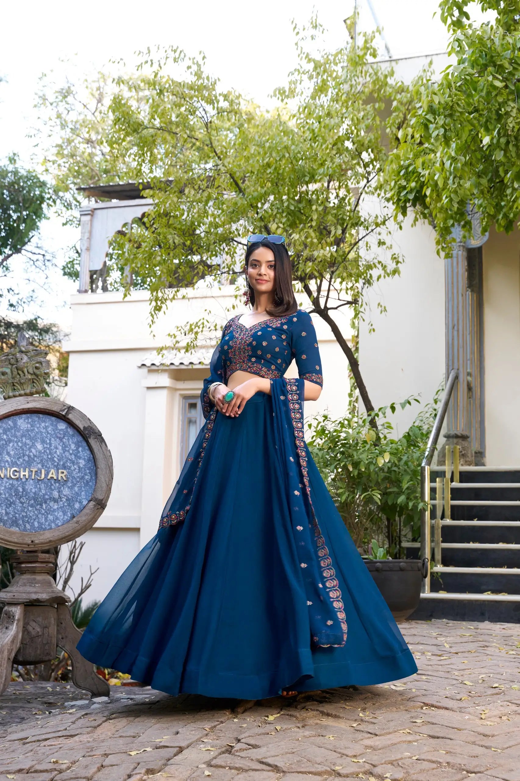 Dark Blue Georgette Lehenga Choli With Sequins & Thread Embroidery Work - qivii