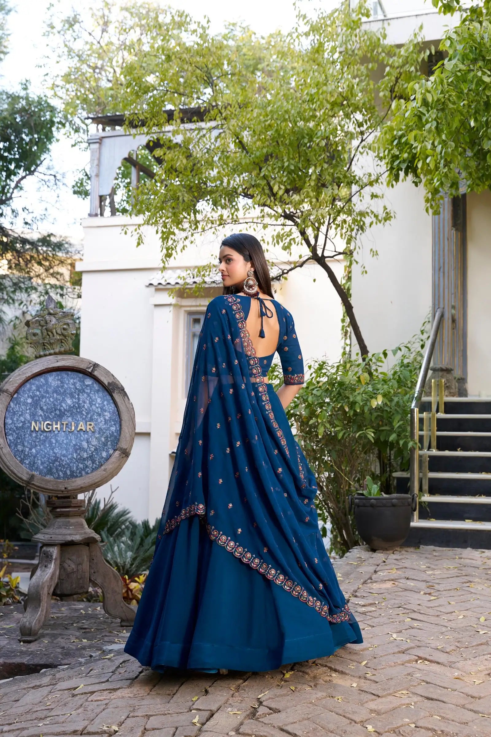 Dark Blue Georgette Lehenga Choli With Sequins & Thread Embroidery Work - qivii