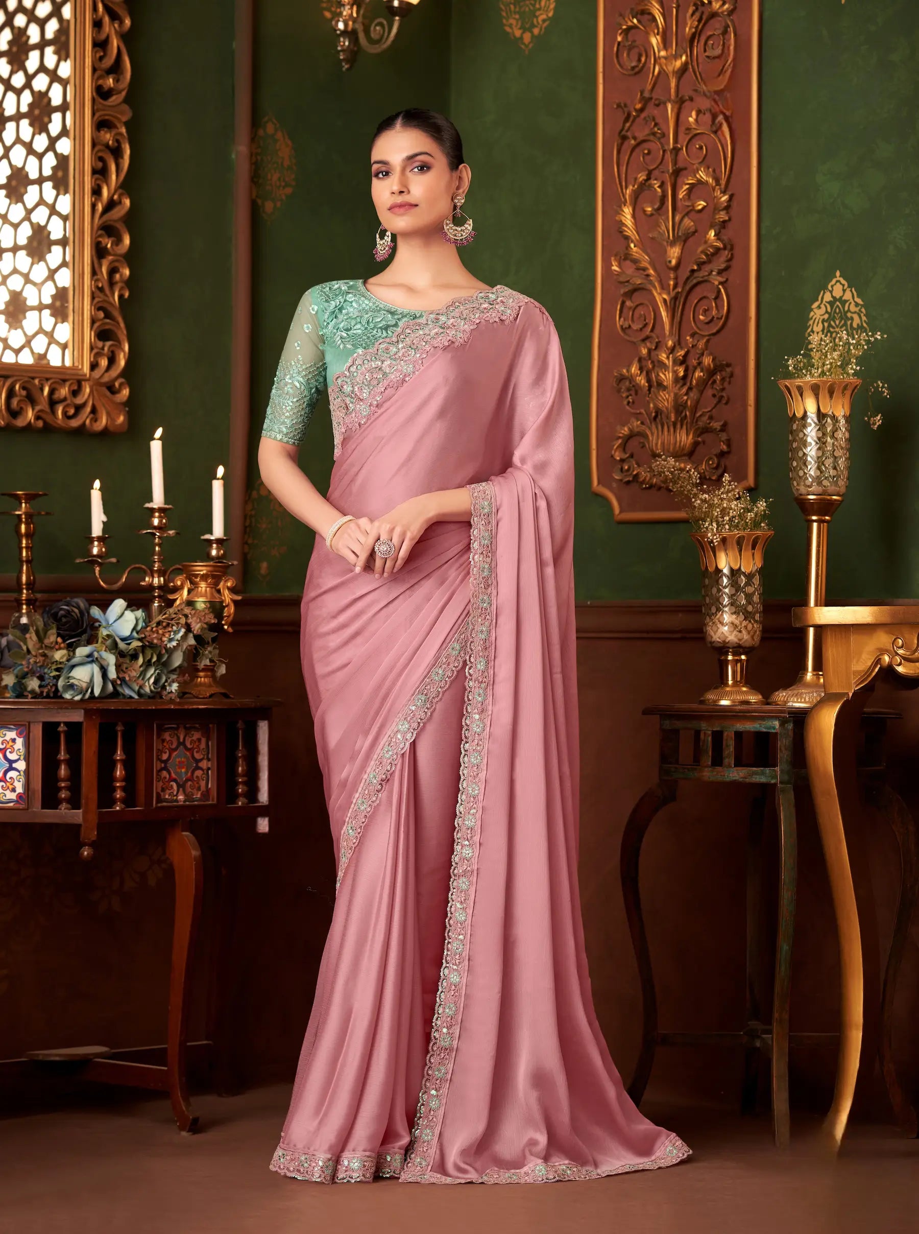 Powder Pink Chiffon Silk Party Wear Saree With Thread & Sequence Embroidery Work - qivii