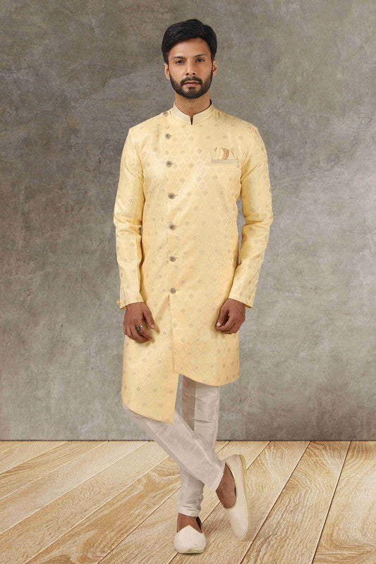Men's Yellow Jacquard Silk Brocade Pintux Work Indo Western Set