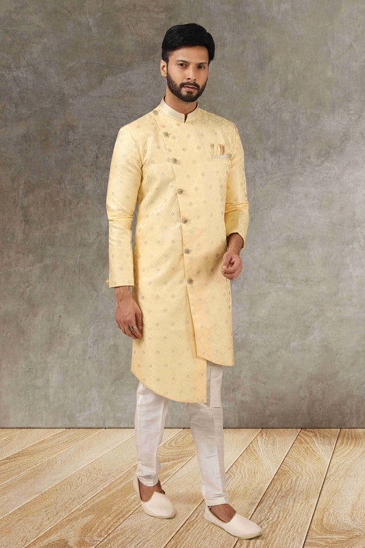 Men's Yellow Jacquard Silk Brocade Pintux Work Indo Western Set