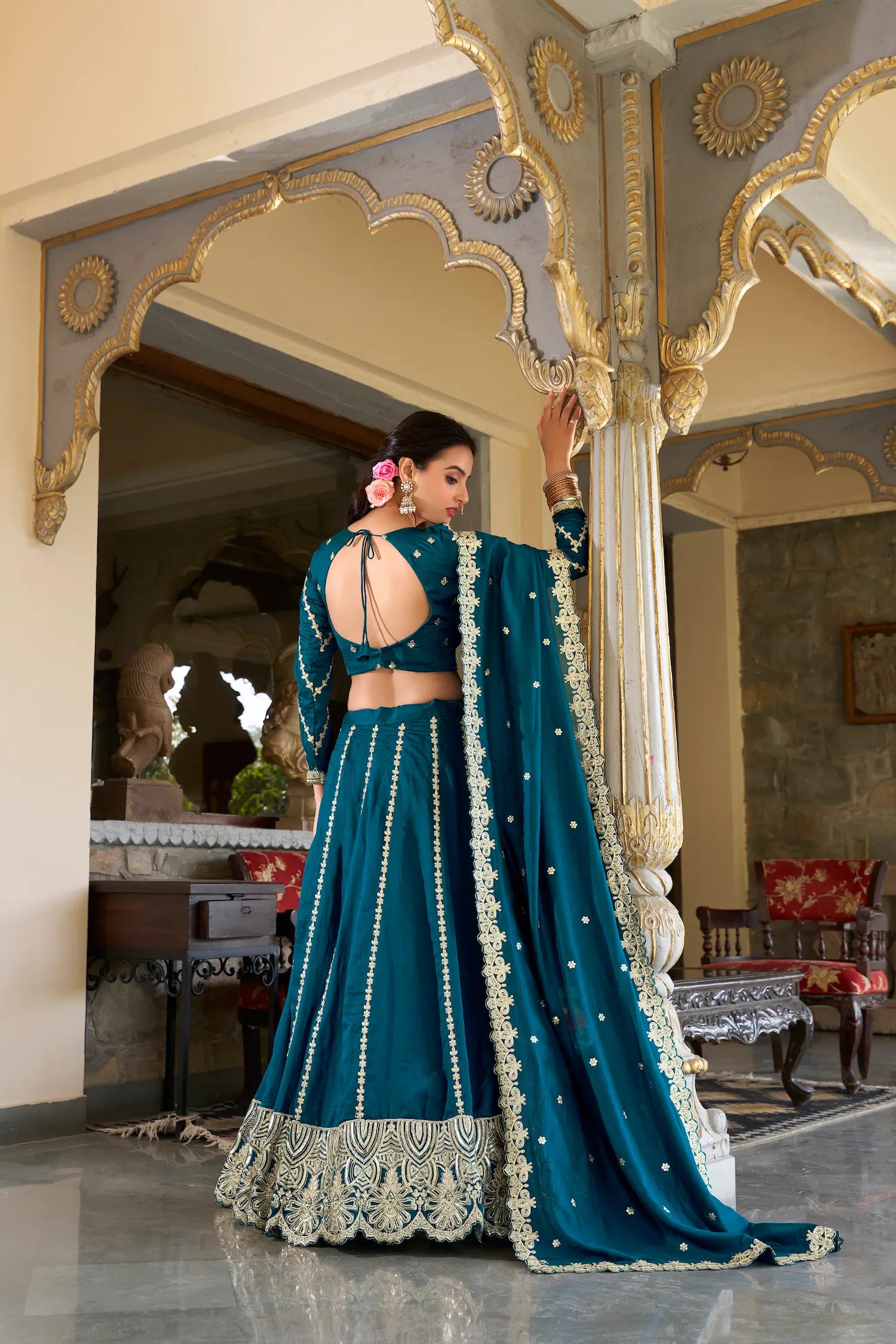 Teal Blue Vichitra Silk Lehenga Choli With Sequins and Thread Embroidery | Ready To Wear - qivii