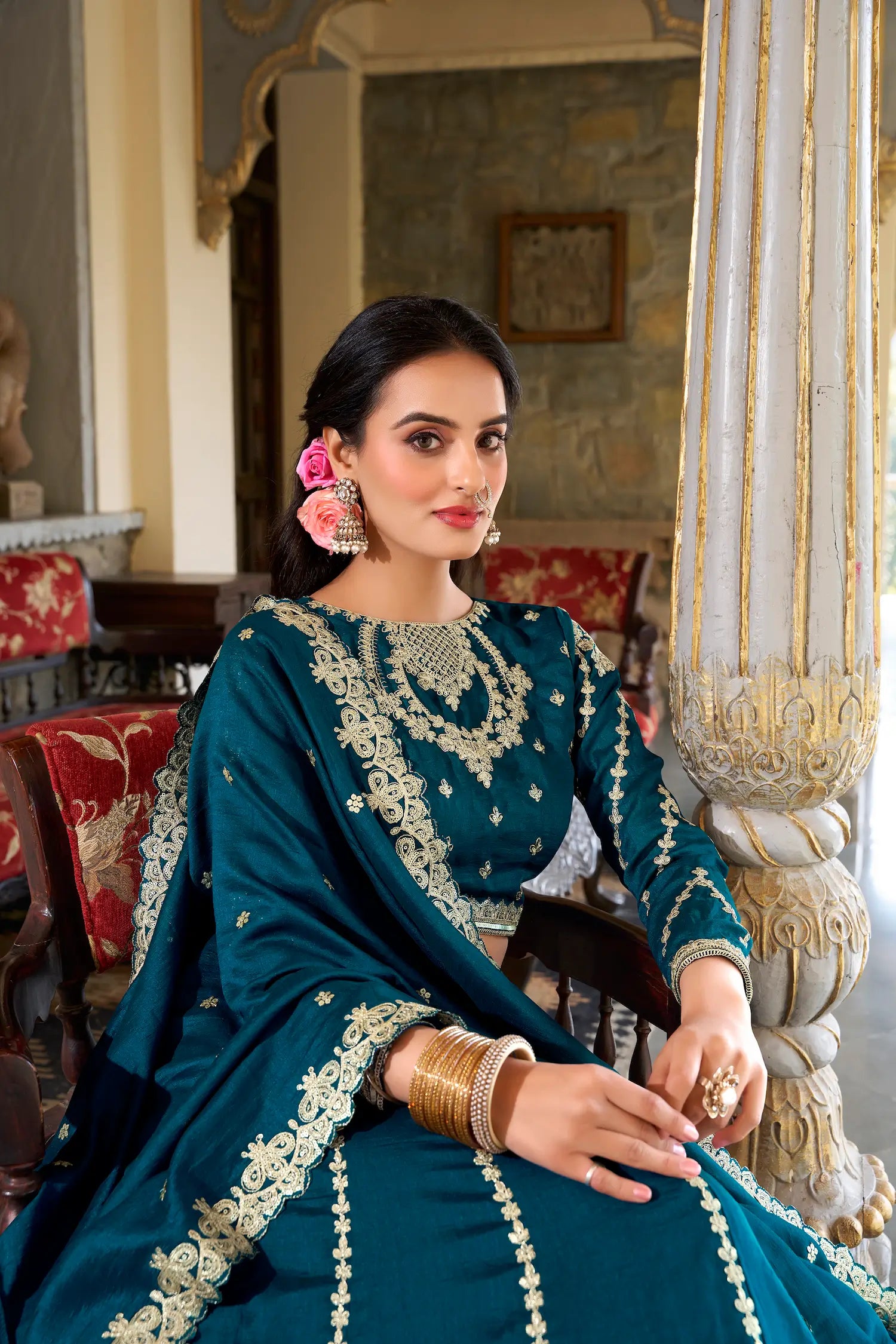 Teal Blue Vichitra Silk Lehenga Choli With Sequins and Thread Embroidery | Ready To Wear - qivii