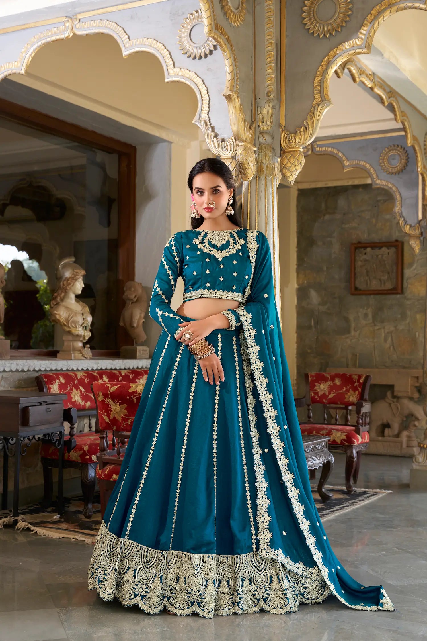 Teal Blue Vichitra Silk Lehenga Choli With Sequins and Thread Embroidery | Ready To Wear - qivii