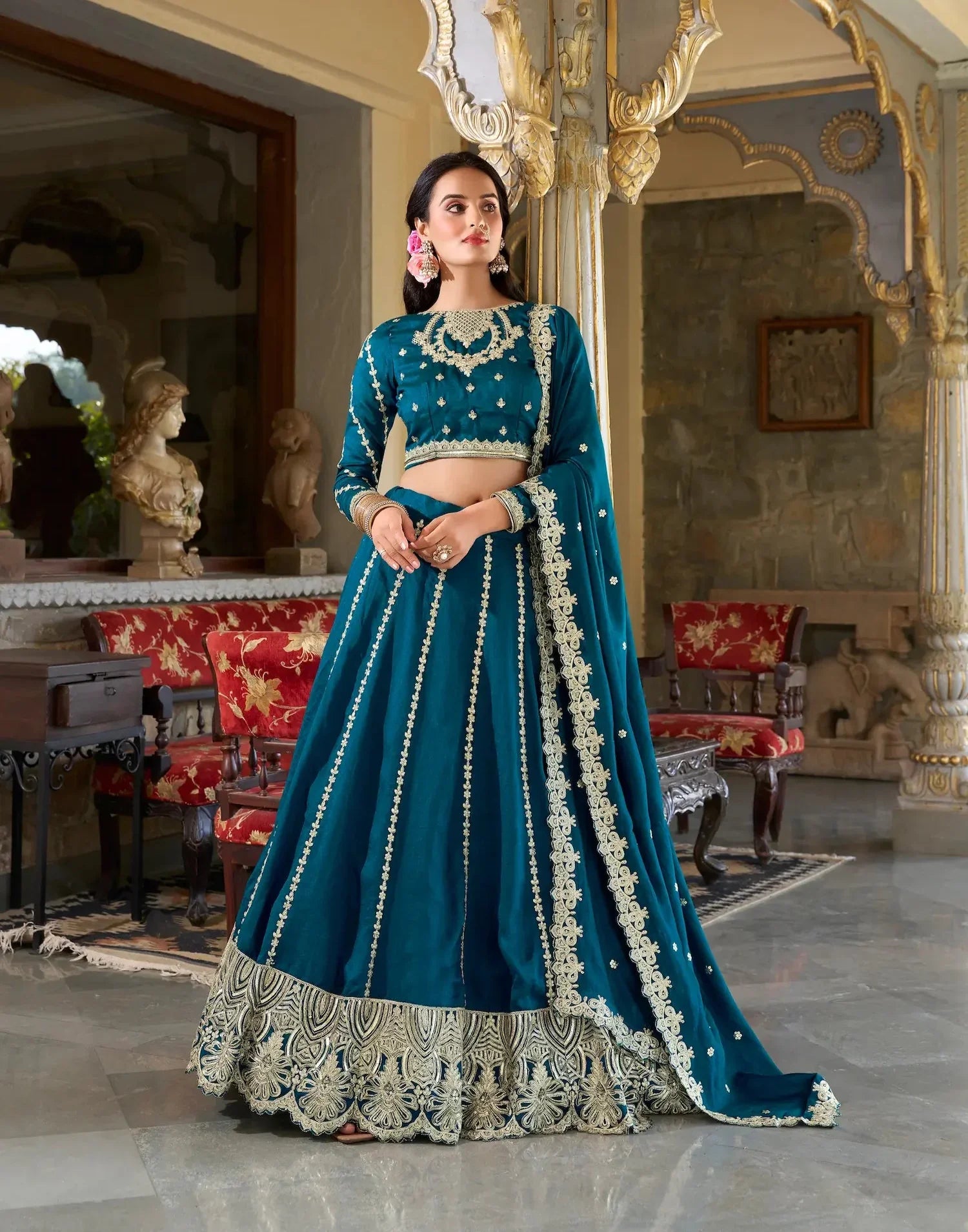 Teal Blue Vichitra Silk Lehenga Choli With Sequins and Thread Embroidery | Ready To Wear - qivii