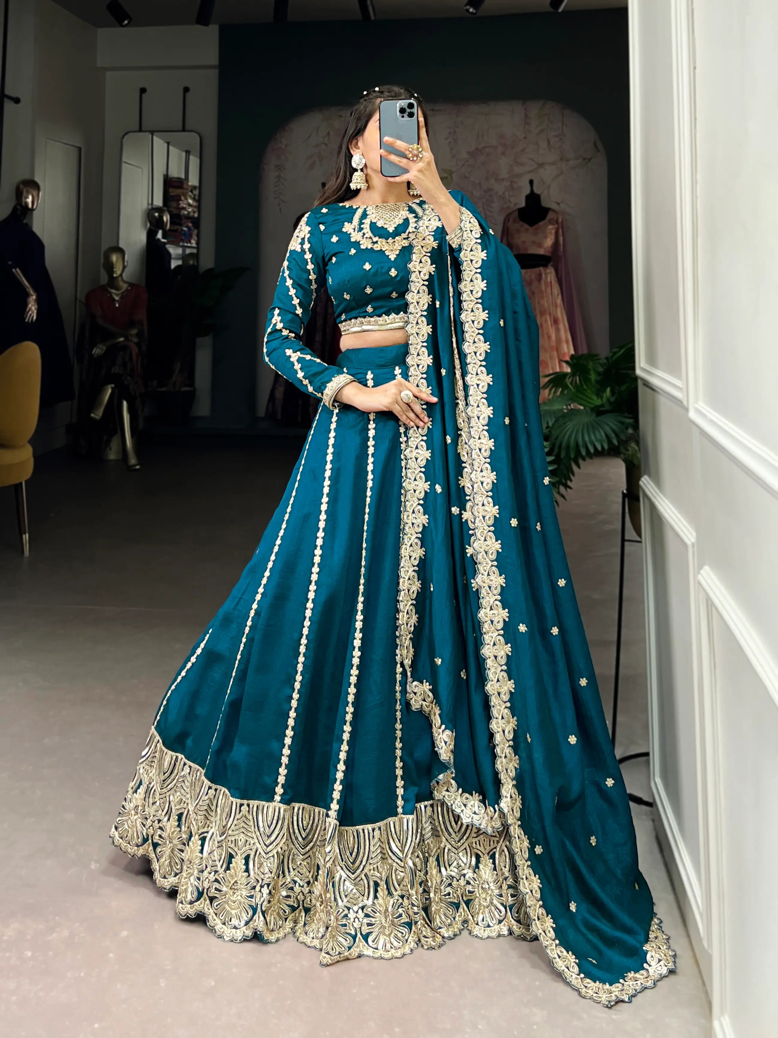 Teal Blue Vichitra Silk Lehenga Choli With Sequins and Thread Embroidery | Ready To Wear - qivii