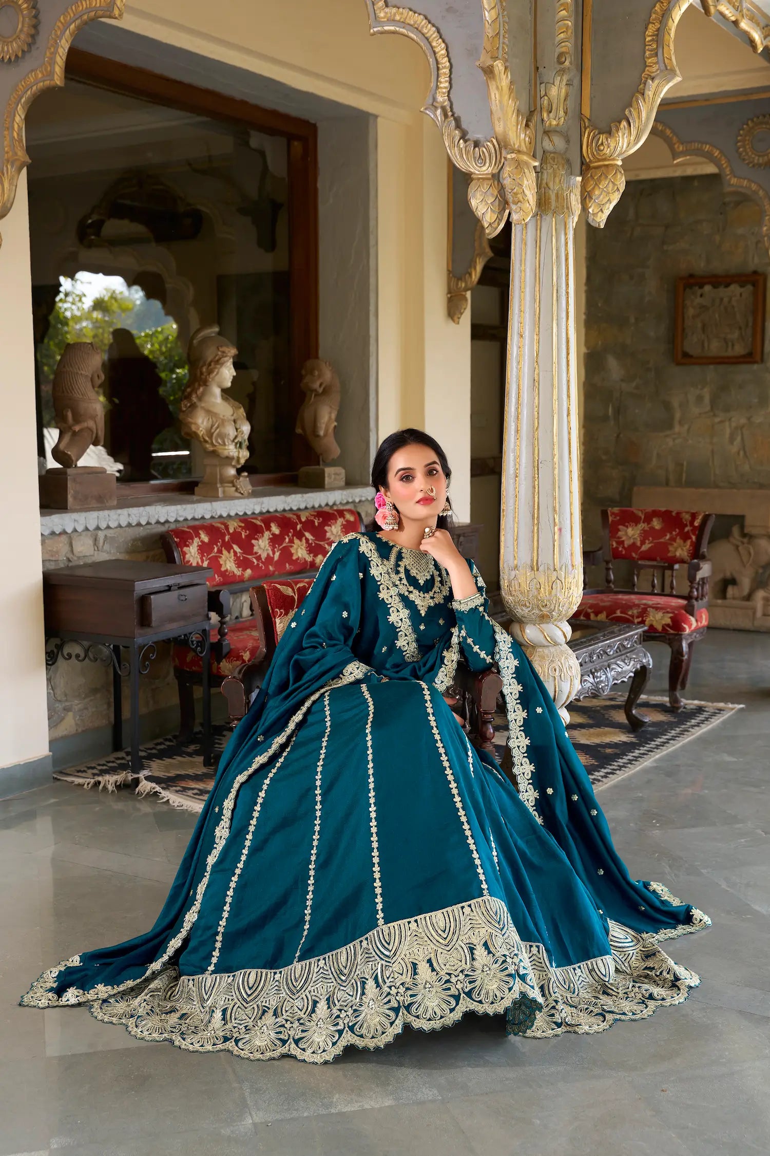 Teal Blue Vichitra Silk Lehenga Choli With Sequins and Thread Embroidery | Ready To Wear - qivii