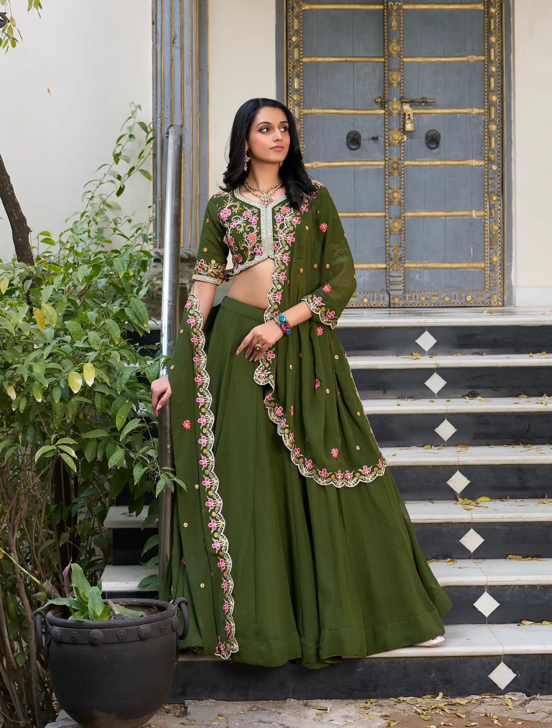 Olive Green Georgette Lehenga Choli With Sequins & Thread Embroidery Work - qivii