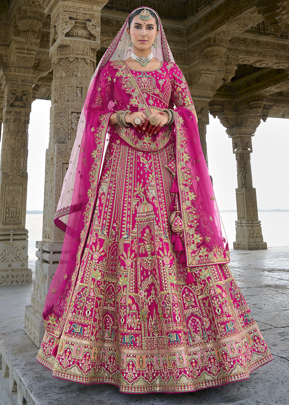 Pink Silk Multi-Color Thread,Zarkan Elephant Motif Hand Work Embroidered Bridal Semi Stitched Lehenga with Single Pink Color Dupatta
