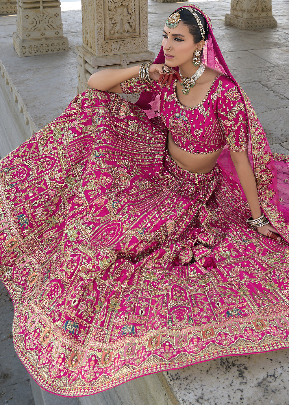 Pink Silk Multi-Color Thread,Zarkan Elephant Motif Hand Work Embroidered Bridal Semi Stitched Lehenga with Single Pink Color Dupatta