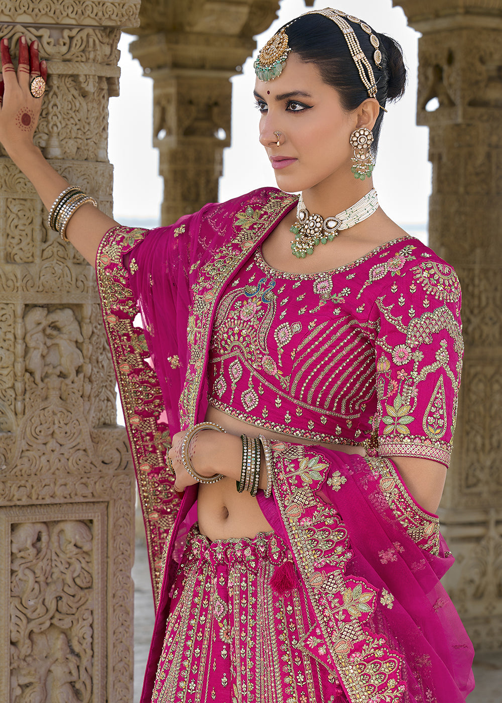 Pink Silk Multi-Color Thread,Zarkan Elephant Motif Hand Work Embroidered Bridal Semi Stitched Lehenga with Single Pink Color Dupatta