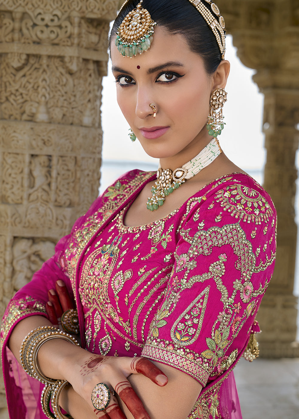 Pink Silk Multi-Color Thread,Zarkan Elephant Motif Hand Work Embroidered Bridal Semi Stitched Lehenga with Single Pink Color Dupatta