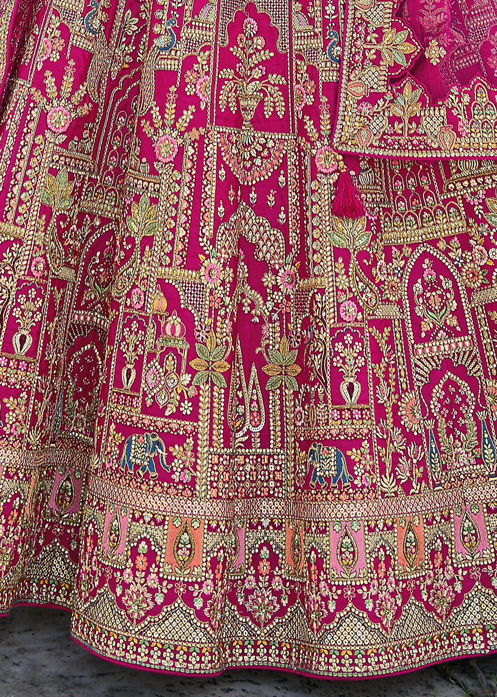 Pink Silk Multi-Color Thread,Zarkan Elephant Motif Hand Work Embroidered Bridal Semi Stitched Lehenga with Single Pink Color Dupatta