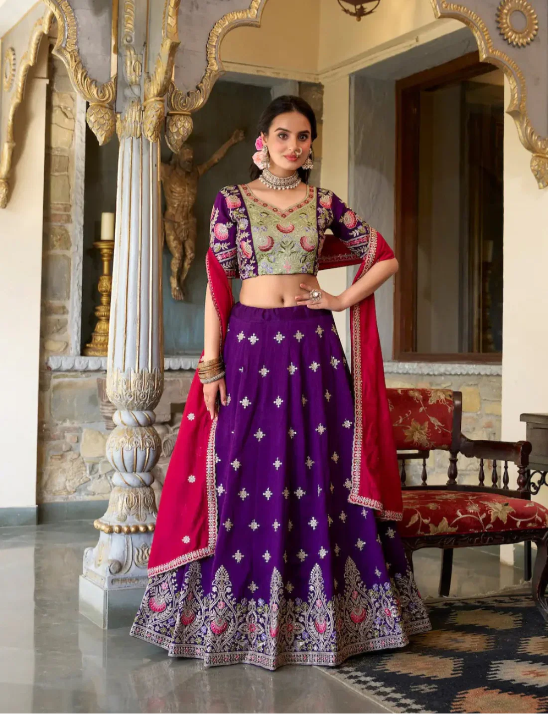 Purple Vichitra Silk Lehenga Choli With Sequins and Thread Embroidery | Ready To Wear - qivii