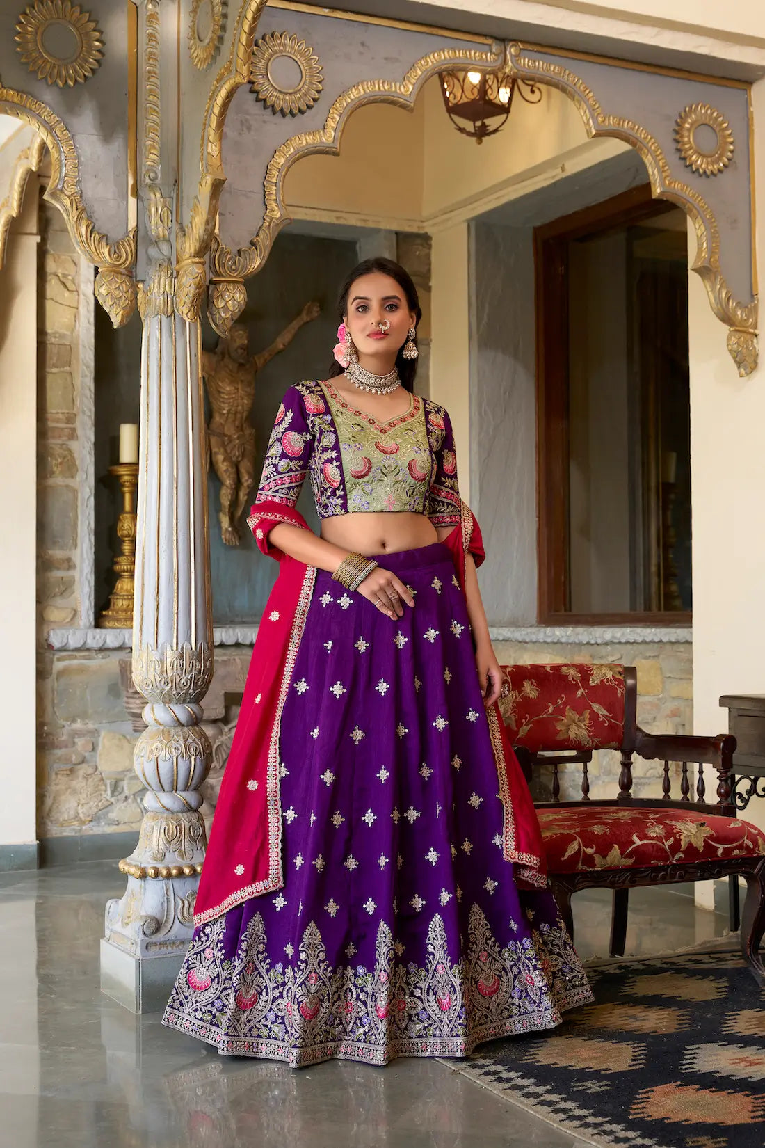 Purple Vichitra Silk Lehenga Choli With Sequins and Thread Embroidery | Ready To Wear - qivii