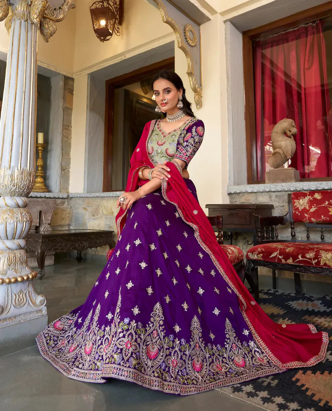 Purple Vichitra Silk Lehenga Choli With Sequins and Thread Embroidery | Ready To Wear - qivii