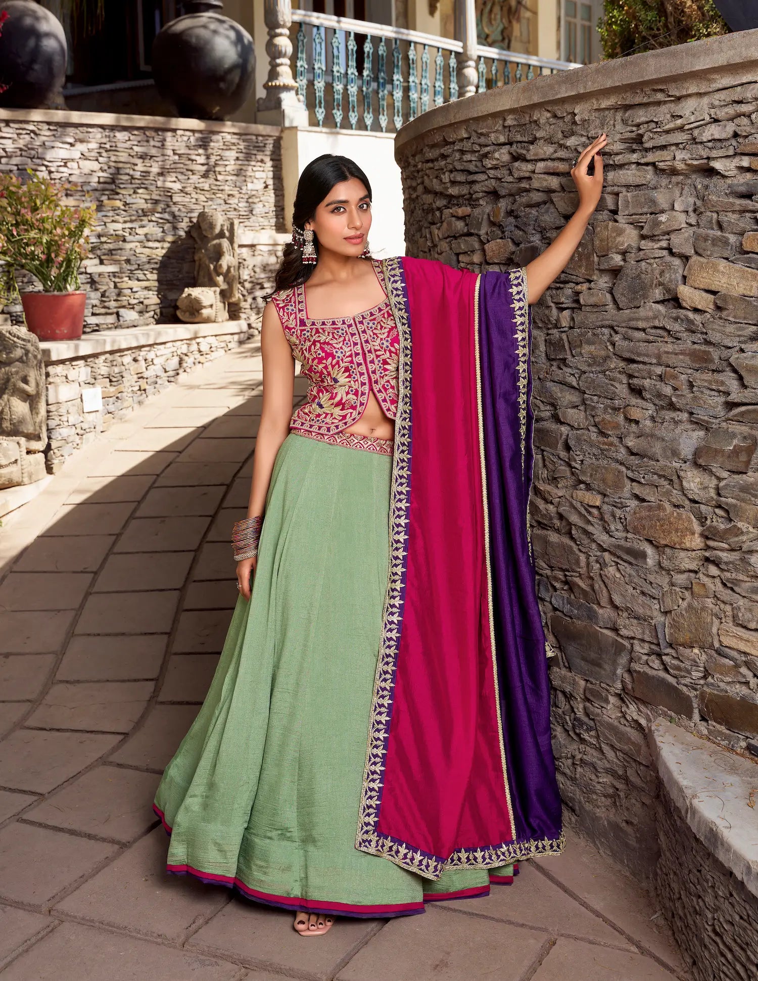 Sea Green Vichitra silk Lehenga Choli With Sequins and Thread Embroidery Work - qivii