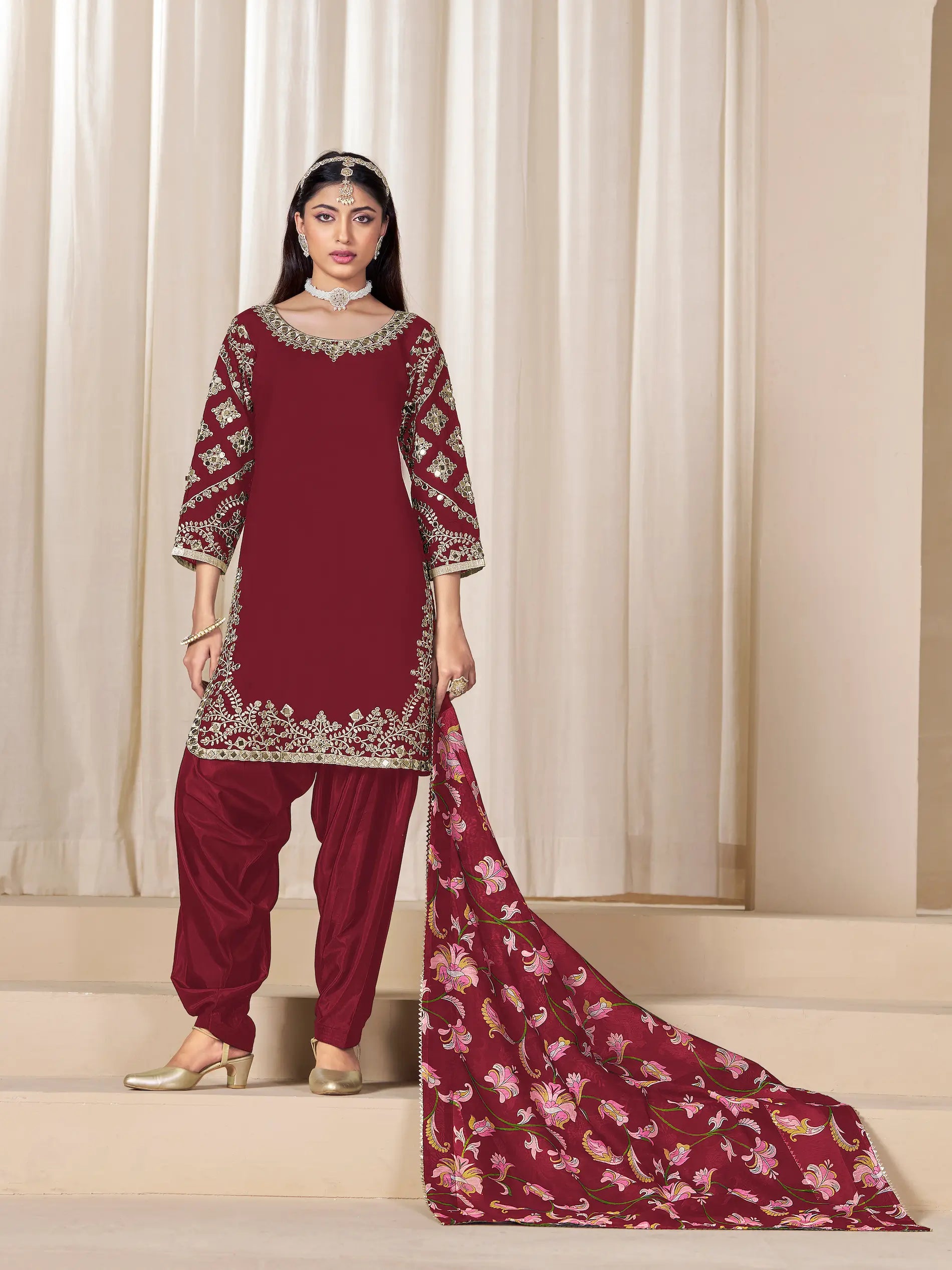 Dark Red Roman Silk Embroidery Work Salwar Suit - qivii