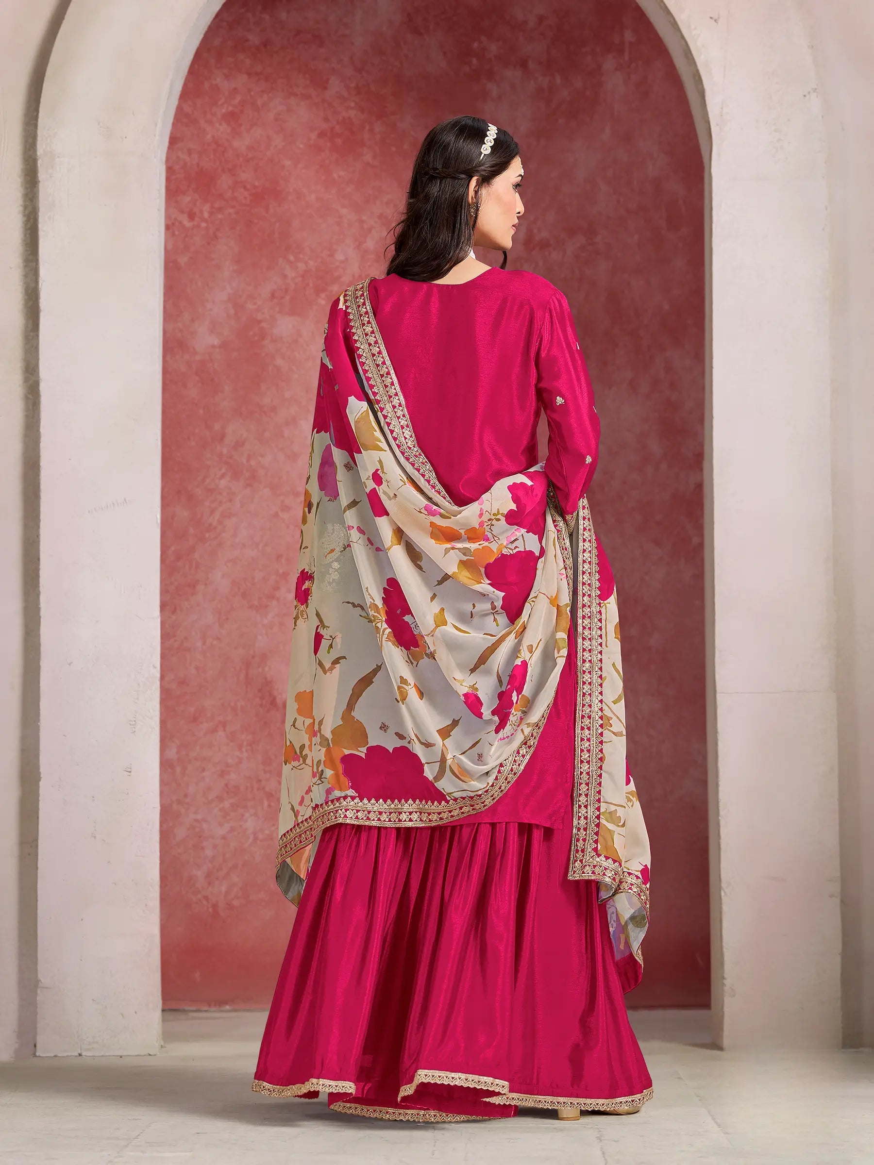 Hot Pink Chinon Embroidery Salwar suit With Organza Dupatta - qivii