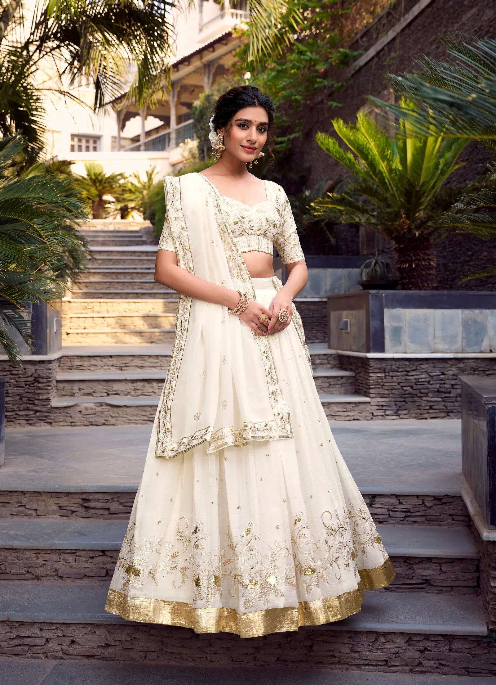 Off White Glossy Silk Lehenga Choli Sequins and Thread Embroidery Work With Foil Work - qivii