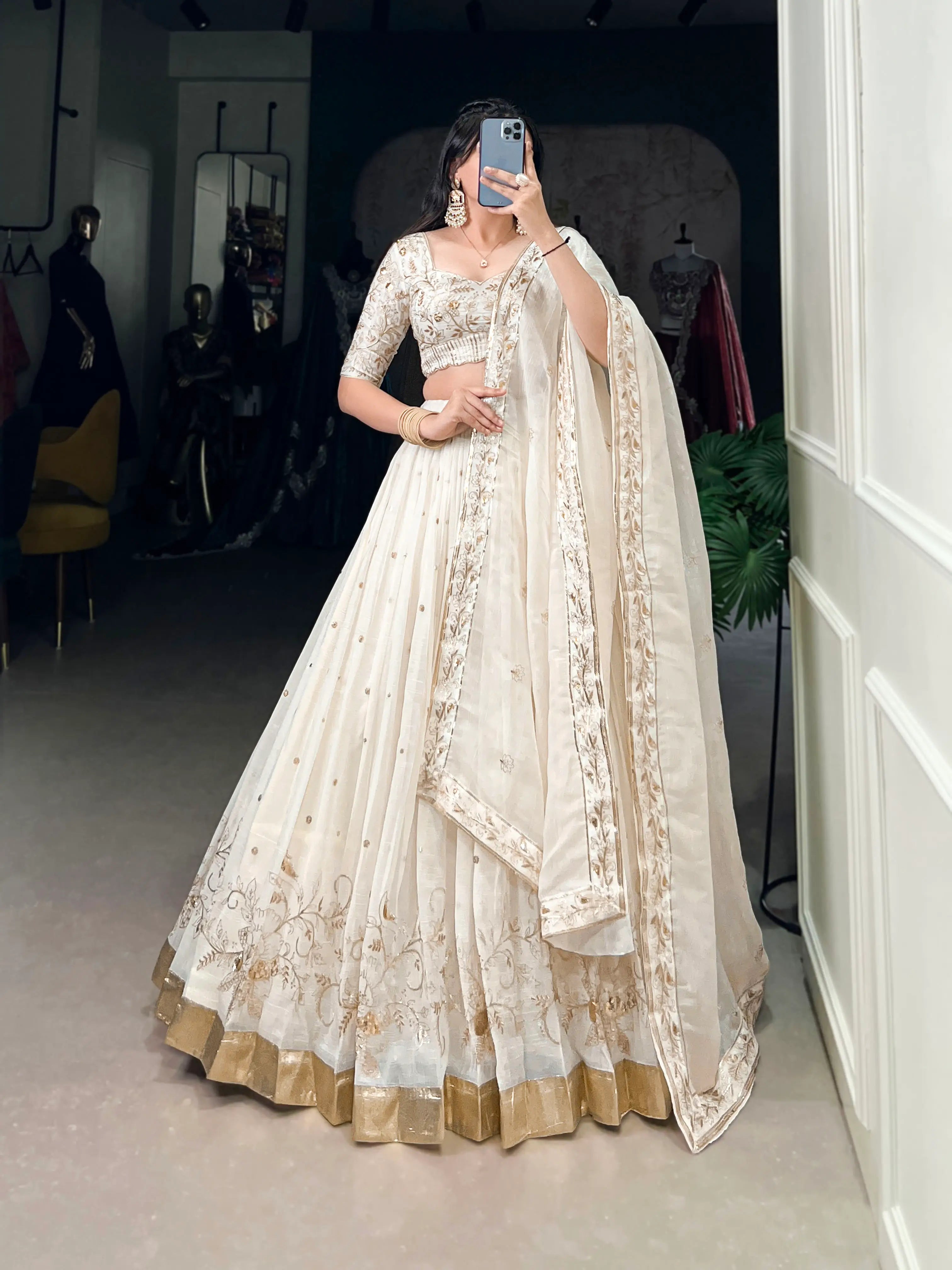 Off White Glossy Silk Lehenga Choli Sequins and Thread Embroidery Work With Foil Work - qivii
