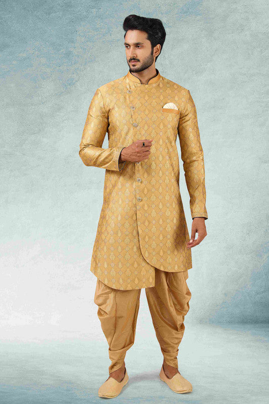 Men's Beige Jacquard Silk Brocade Pintux Work Indo Western Set