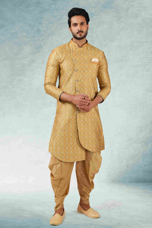 Men's Beige Jacquard Silk Brocade Pintux Work Indo Western Set