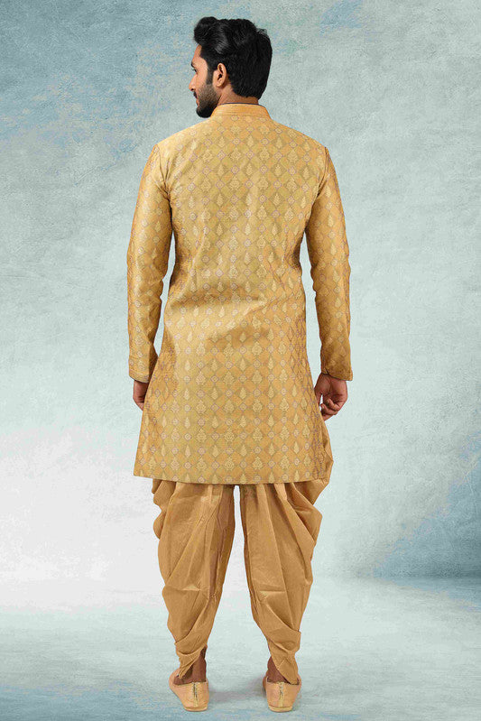 Men's Beige Jacquard Silk Brocade Pintux Work Indo Western Set