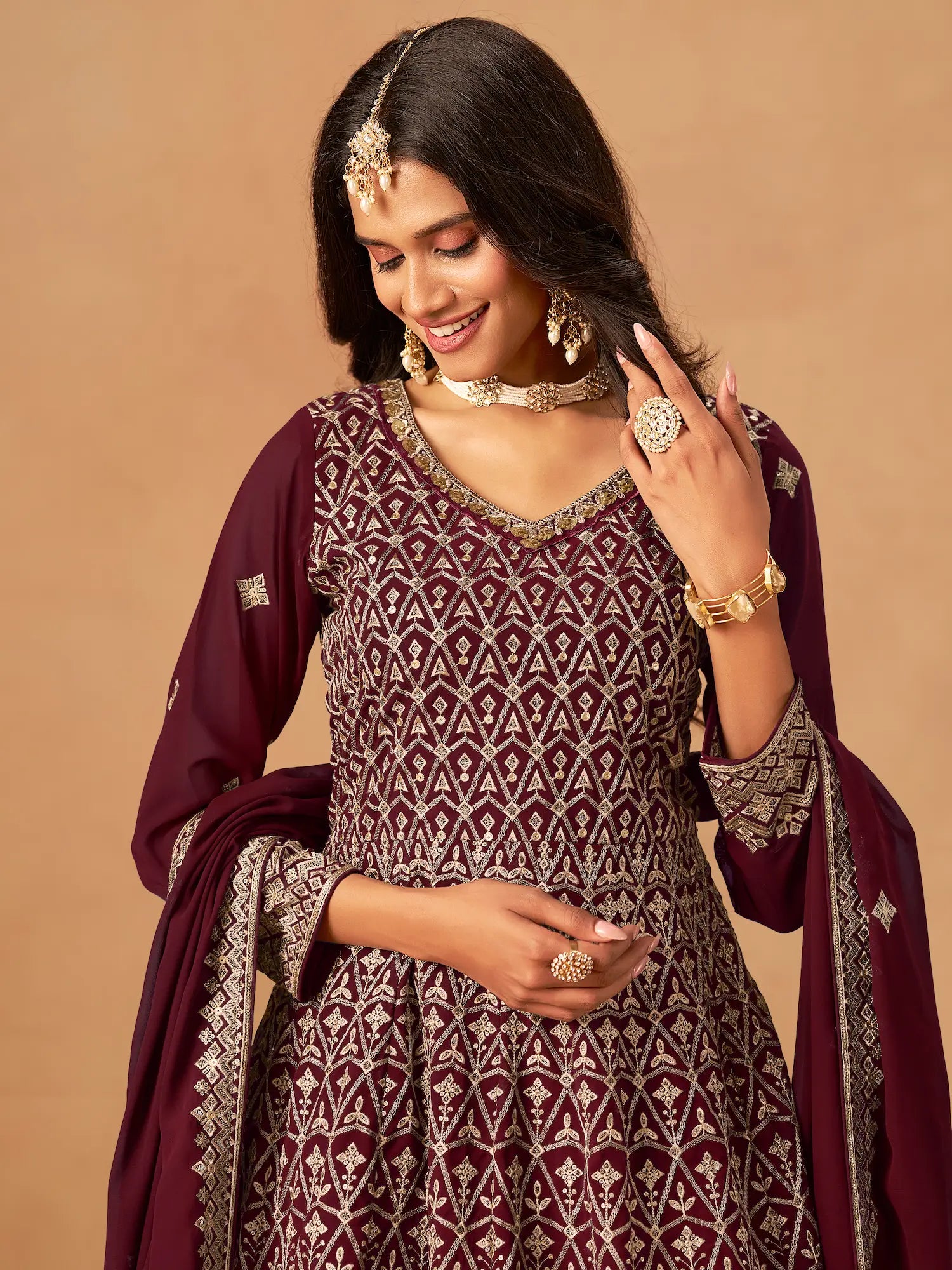 Maroon Georgette Embroidery Work Palazzo Set - qivii