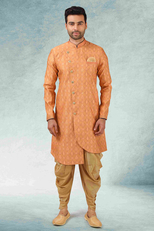 Men's Peach Jacquard Silk Brocade Pintux Work Indo Western Set