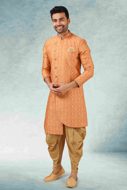 Men's Peach Jacquard Silk Brocade Pintux Work Indo Western Set