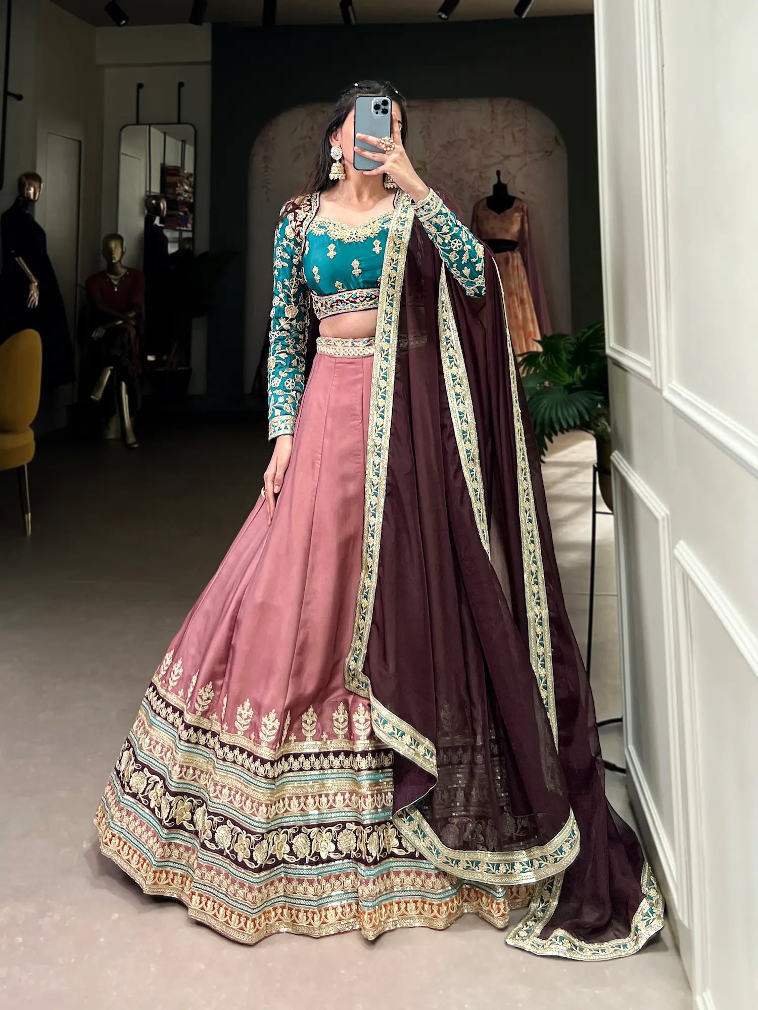 Dusty Peach Moonga Silk Lehenga Choli With Sequins and Thread Embroidery | Ready To Wear - qivii