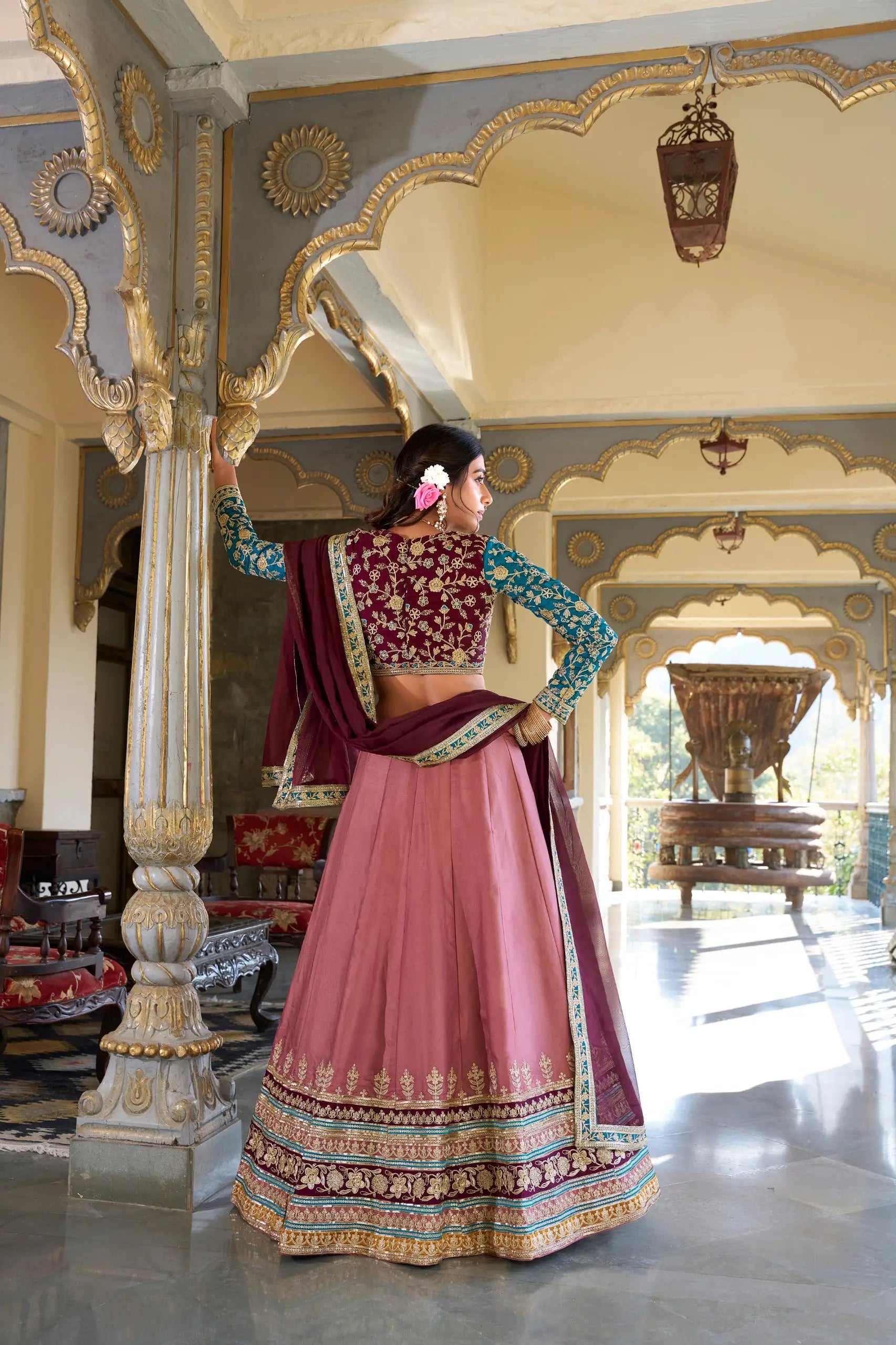 Dusty Peach Moonga Silk Lehenga Choli With Sequins and Thread Embroidery | Ready To Wear - qivii