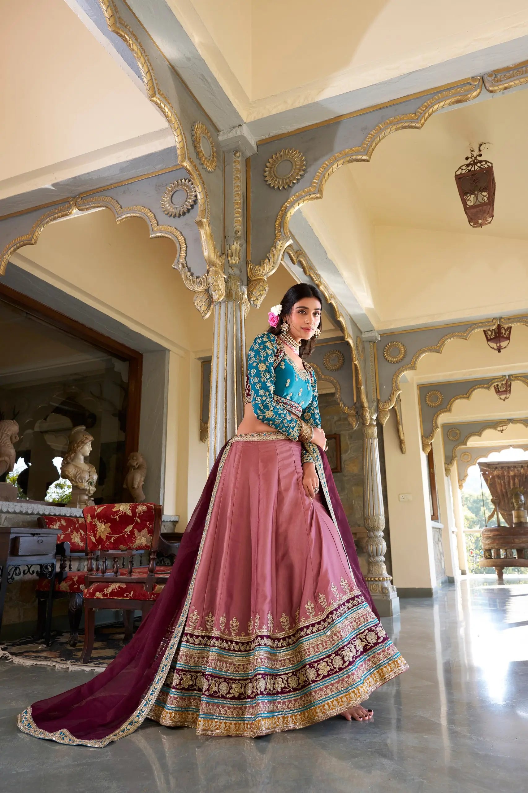 Dusty Peach Moonga Silk Lehenga Choli With Sequins and Thread Embroidery | Ready To Wear - qivii