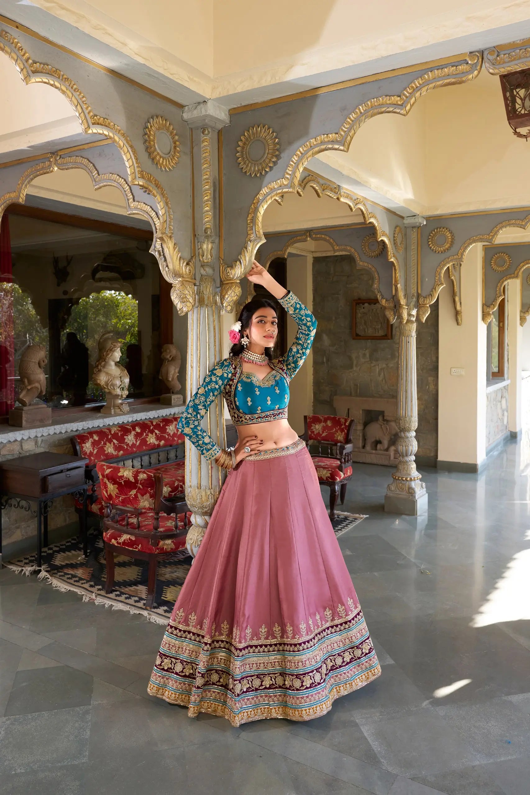 Dusty Peach Moonga Silk Lehenga Choli With Sequins and Thread Embroidery | Ready To Wear - qivii