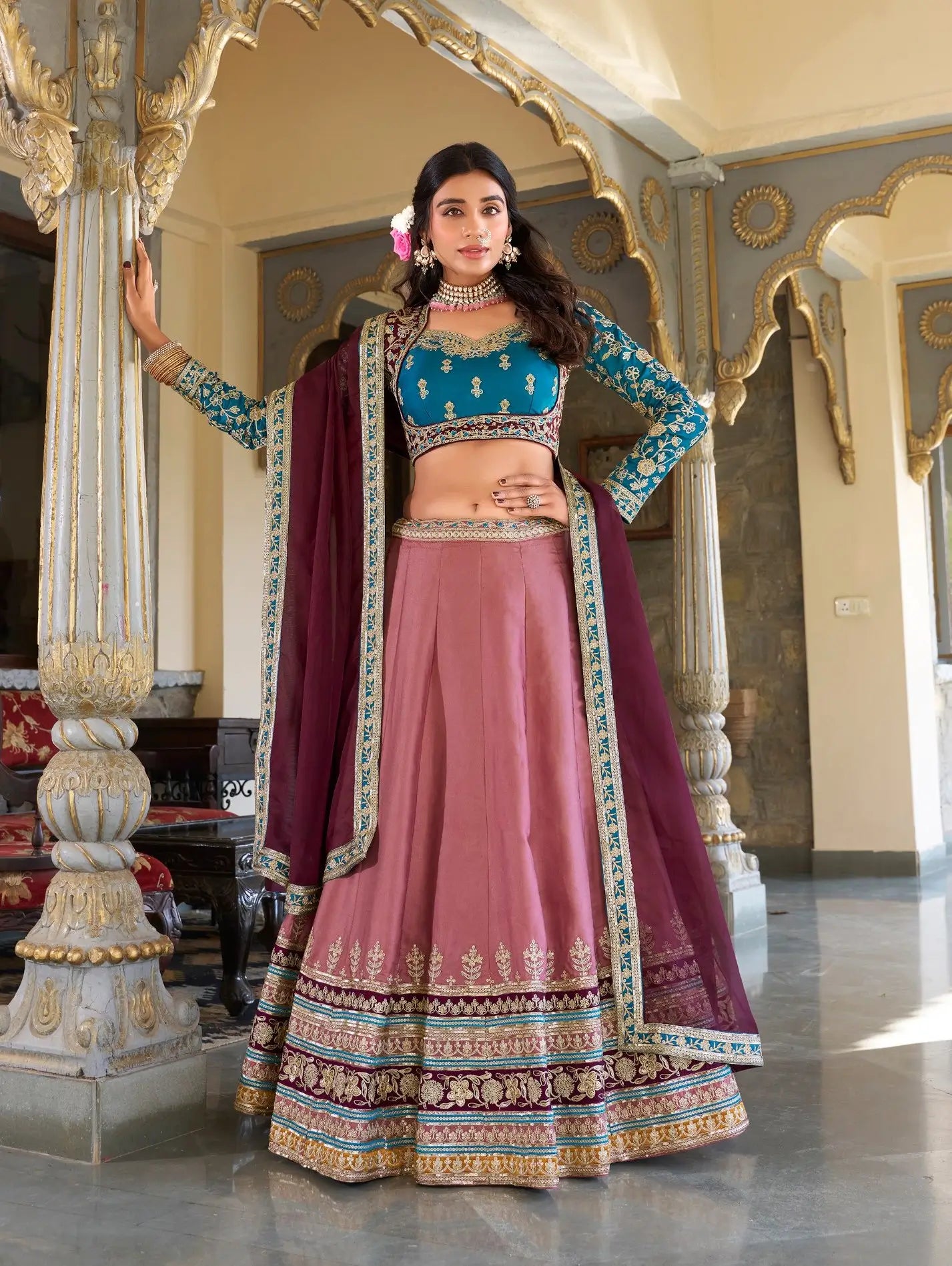 Dusty Peach Moonga Silk Lehenga Choli With Sequins and Thread Embroidery | Ready To Wear - qivii