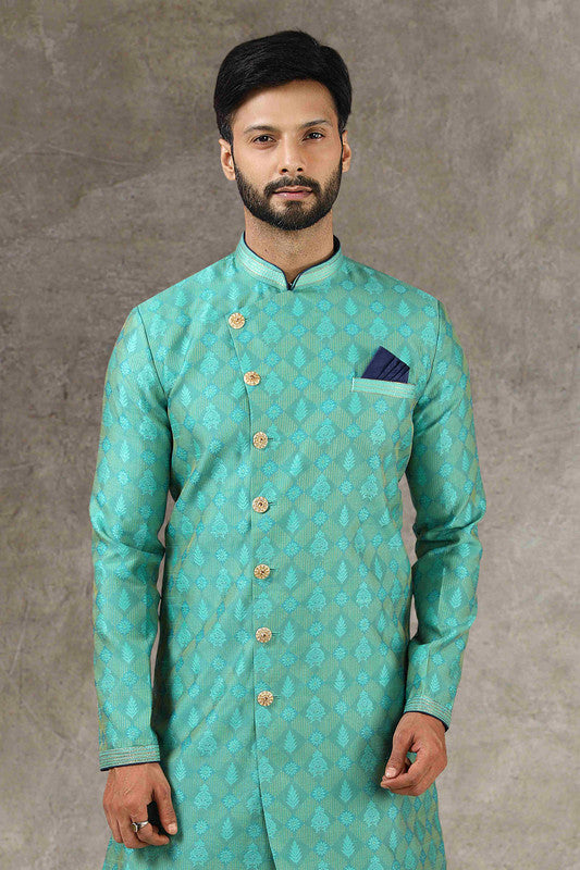 Men's Rama Green Jacquard Silk Brocade Pintux Work Indo Western Set