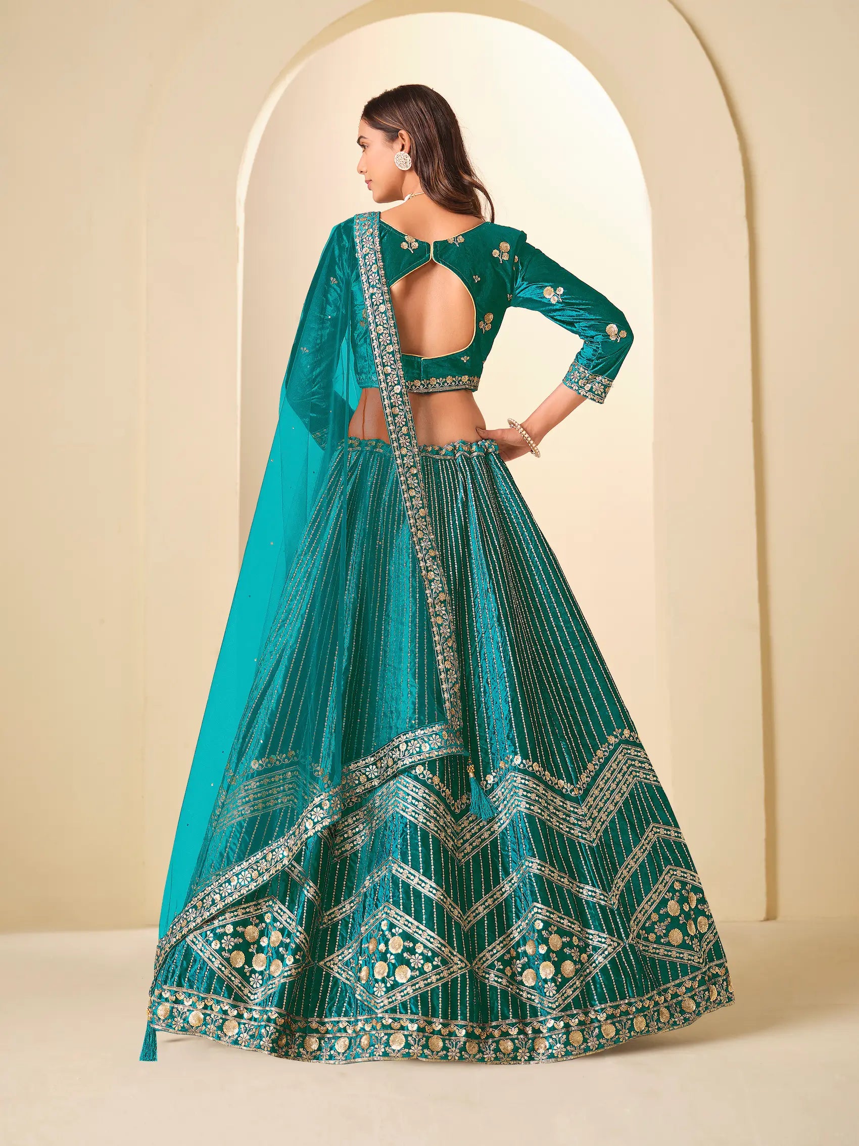 Dark Teal Velvet Lehenga Choli With Embroidery