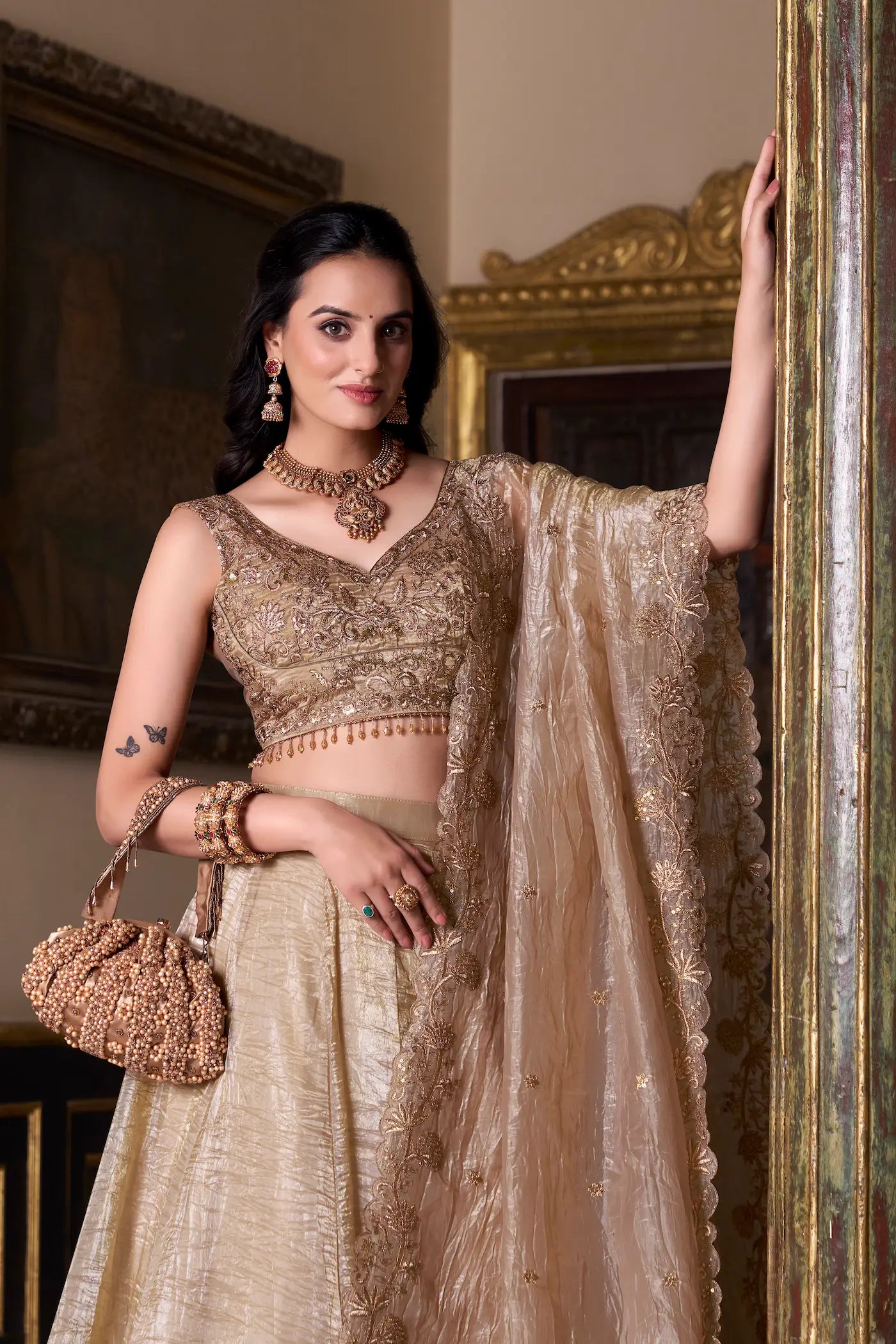 Dark Beige Crush Sequence & Thread Embroidery Lehenga Choli - qivii