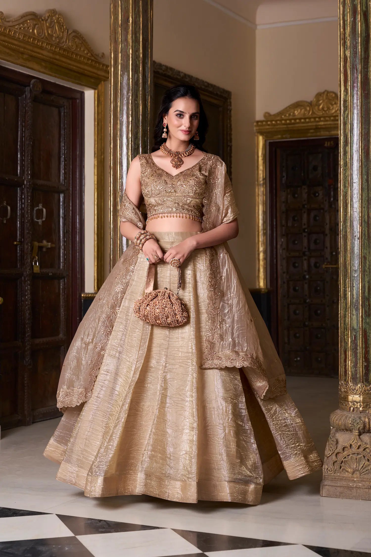 Dark Beige Crush Sequence & Thread Embroidery Lehenga Choli - qivii