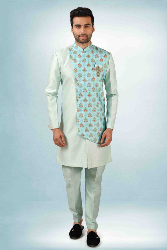 Men's Pista Green Art Silk Printed Work Indo Western Set